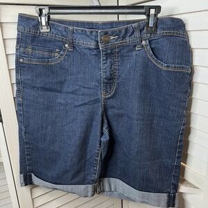 Faded Glory Women's 12 Denim Jean‎ Bermuda Shorts Cuffed Mid Rise Dark Wash